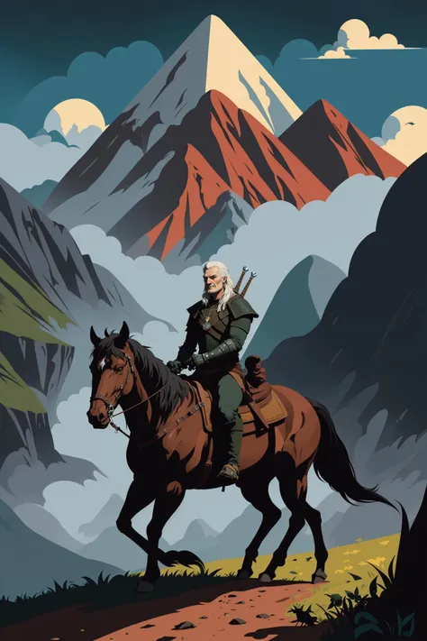 the witcher, fullbody, <lora:Gouache_last:1> digital painting by Tom Whalen, (masterpiece:1.2), best quality, (hyperdetailed, highest detailed:1.2), high resolution textures