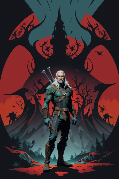 the witcher, fullbody, <lora:Gouache_last:1> digital painting by Tom Whalen, (masterpiece:1.2), best quality,  colorful, (intricate details, hyperdetailed, highest detailed:1.2), high resolution textures