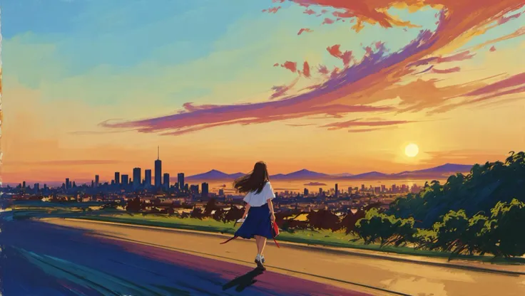 best quality,masterpiece,highly detailed,ultra-detailed, 1girl,<lora:neg4all_bdsqlsz_V3.5:-1> blue sky, building, city, cityscape, cloud, cloudy sky, condensation trail, day, dusk, evening, gradient sky, hill, horizon, house, long hair, mountain, mountainous horizon, ocean, orange sky, outdoors,  road, scenery, sky, skyline, skyscraper, solo, street, sun, sunrise, sunset, tower, tree, twilight, wind<lora:Acrylicink_last:1> <lora:Charcoal_last:1> <lora:Pastels_last:1>