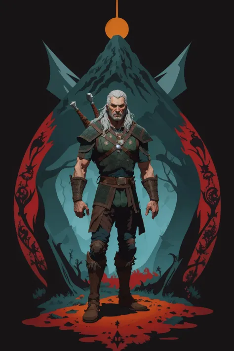 the witcher, fullbody, <lora:Gouache_last:1> digital painting by Tom Whalen, (masterpiece:1.2), best quality,  colorful, (intricate details, hyperdetailed, highest detailed:1.2), high resolution textures