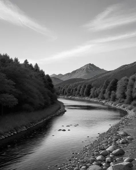 best quality,masterpiece,highly detailed,ultra-detailed, ,<lora:neg4all_bdsqlsz_V3.5:-1> <lora:Sumi-e_last:2>river greyscale, monochrome, blake and white