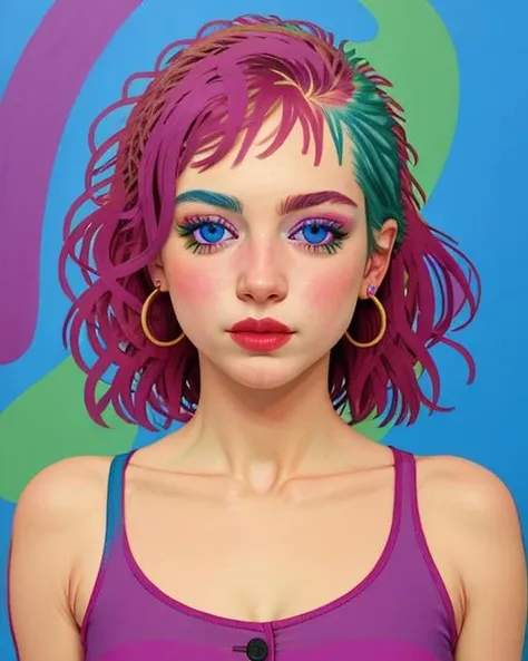 best quality,masterpiece,highly detailed,ultra-detailed, 1girl,<lora:neg4all_bdsqlsz_V3.5:-1>Blouse , a loose-fitting top with a collar and buttons Monolid eyes, sky blue iris, thin eyebrows, pale blue beautiful Detailed Eyes, Shaved Head with UV Reactive Paint - Magenta <lora:Crayon_last:2.5>