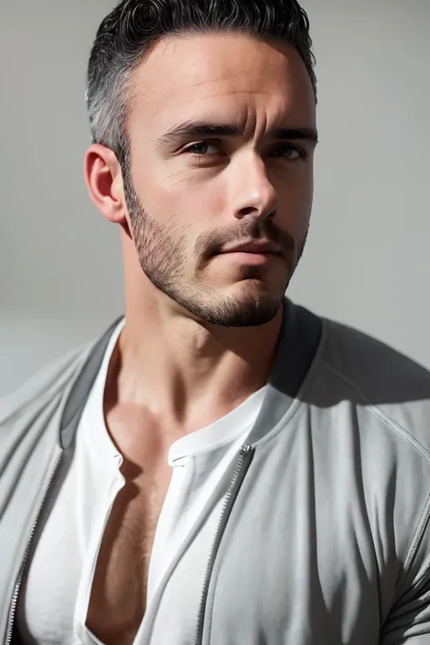 a photo of MCh4b0t, a man, RAW, close portrait photo, close up shot, black jacket and white t-shirt, concrete wall in the background, (high detailed skin:1.2), 8k uhd, dslr, soft lighting, high quality, film grain, Fujifilm XT3 sharp focus, f 5.6
