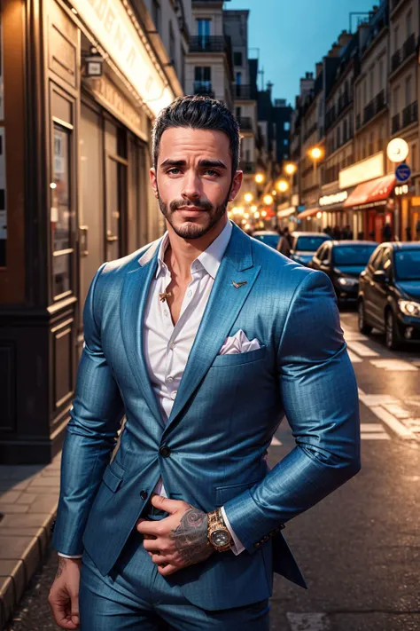 cowboy shot, portrait of MCh4b0t, wearing designer suit, looking at viewer, (smirk:1.2), unshaven, handsome, male model, on the street of paris, at golden hours, (city lights:1.2), professional photography, (bokeh:0.7),
RAW, (masterpiece), photorealistic, hyperrealism, top quality, best quality, (absurdres), soft colors, tack sharp, intricate details, 8k, HDR <lora:add_detail:0.7>