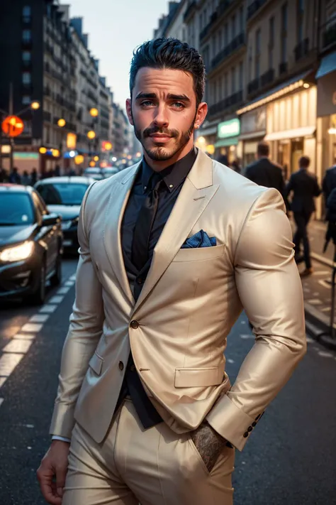 cowboy shot, portrait of MCh4b0t, wearing designer suit, looking at viewer, (smirk:1.2), unshaven, handsome, male model, on the street of paris, at golden hours, (city lights:1.2), professional photography, (bokeh:0.7),
RAW, (masterpiece), photorealistic, hyperrealism, top quality, best quality, (absurdres), soft colors, tack sharp, intricate details, 8k, HDR <lora:add_detail:0.7>