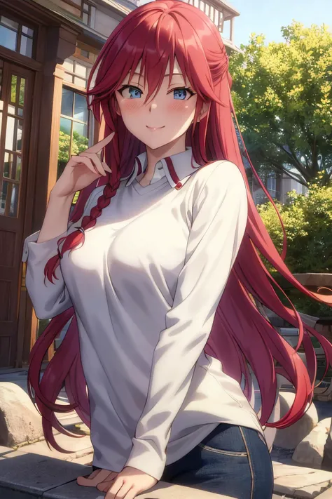 masterpiece, (best quality), 1woman,1girl ,lilith_asami, long hair, red hair, blue eyes , braid, side braid, white sweater, shirt, pants, large breasts,,sexy woman, adult, smile, blush, vibrant colors ,,natural lighting ,RTX, beautiful, (detailed face:1.2), showcase, (perfect eyes:1.1) ,(photorealistic:1.1), 8k uhd, looking at viewer, outdoors, simple backround