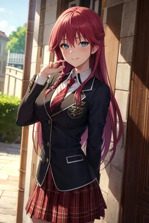 masterpiece, (best quality), 1woman,1girl ,lilith_asami, long hair, red hair, blue eyes , braid, side braid, school uniform, shirt, skirt, jacket, necktie, large breasts,,sexy woman, adult, smile, blush, vibrant colors ,,natural lighting ,RTX, beautiful, (detailed face:1.2), showcase, (perfect eyes:1.1) ,(photorealistic:1.1), 8k uhd, looking at viewer, outdoors, simple backround