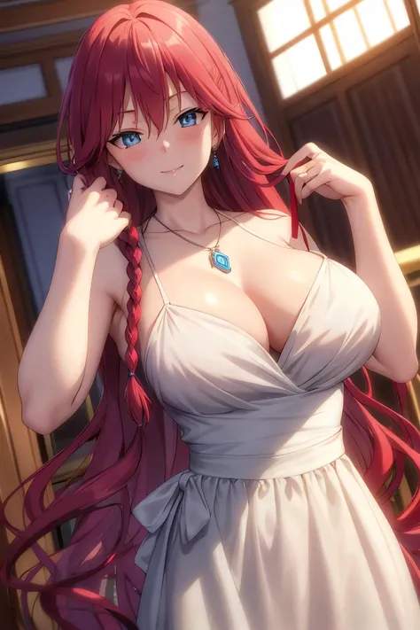 masterpiece, (best quality), 1woman,1girl ,lilith_asami, long hair, red hair, blue eyes , braid, side braid, formal dress, white dress, jewelry, earrings, necklace, formal event, large breasts,,sexy woman, adult, smile, blush, vibrant colors ,,natural lighting ,RTX, beautiful, (detailed face:1.2), showcase, (perfect eyes:1.1) ,(photorealistic:1.1), 8k uhd, looking at viewer, indoors, simple backround