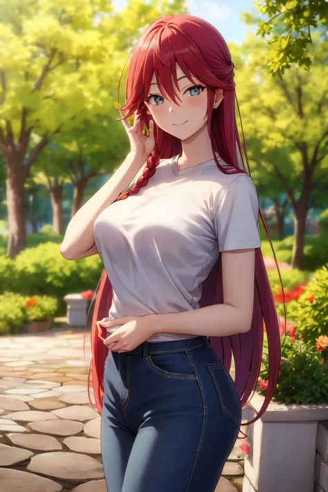masterpiece, (best quality), 1woman,1girl ,lilith_asami, long hair, red hair, blue eyes , braid, side braid, white sweater, shirt, pants, large breasts,,sexy woman, adult, smile, blush, vibrant colors ,,natural lighting ,RTX, beautiful, (detailed face:1.2), showcase, (perfect eyes:1.1) ,(photorealistic:1.1), 8k uhd, looking at viewer, outdoors, simple backround