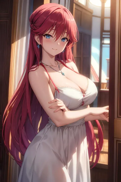 masterpiece, (best quality), 1woman,1girl ,lilith_asami, long hair, red hair, blue eyes , braid, side braid, formal dress, white dress, jewelry, earrings, necklace, formal event, large breasts,,sexy woman, adult, smile, blush, vibrant colors ,,natural lighting ,RTX, beautiful, (detailed face:1.2), showcase, (perfect eyes:1.1) ,(photorealistic:1.1), 8k uhd, looking at viewer, indoors, simple backround