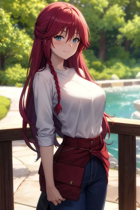 masterpiece, (best quality), 1woman,1girl ,lilith_asami,    long hair, red hair,   blue eyes , braid, side braid, white sweater, shirt, pants,      large breasts,,sexy woman,  adult, smile, blush, vibrant colors ,,natural lighting  ,RTX,  beautiful, (detailed face:1.2), showcase, (perfect eyes:1.1) ,(photorealistic:1.1), 8k uhd,  looking at viewer,   outdoors,  simple backround