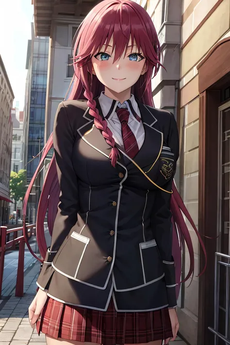 masterpiece, (best quality), 1woman,1girl ,lilith_asami,    long hair, red hair,   blue eyes , braid, side braid, school uniform, shirt, skirt, jacket, necktie,     large breasts,,sexy woman,  adult, smile, blush, vibrant colors ,,natural lighting  ,RTX,  beautiful, (detailed face:1.2), showcase, (perfect eyes:1.1) ,(photorealistic:1.1), 8k uhd,  looking at viewer,   outdoors,  simple backround
