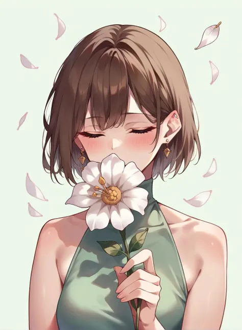 score_9,score_8_up,score_7_up,score_6_up,score_5_up,score_4_up source_safe, 1girl,solo,blush,short hair,bangs,simple background,brown hair,shirt,holding,bare shoulders,jewelry,closed eyes,upper body,flower,earrings,sleeveless,hand up,petals,sleeveless shirt,leaf,white flower,green background,green shirt,covered mouth,holding flower,<lora:Banana Oekaki-v1-PDXL:0.8>,