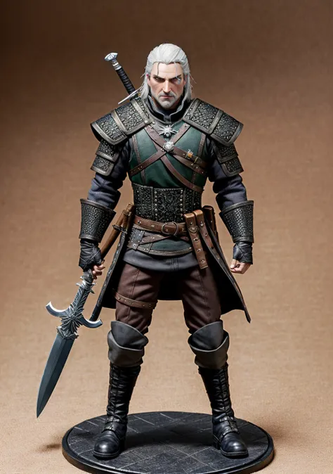 (best quality:1.15), (masterpiece:1.15), (detailed:1.15), (realistic:1.2), (diorama:1.2),
(ActionFigureQuiron style), The Witcher (Geralt of Rivia): Geralt's distinctive armor, white hair, and two swords make him a popular choice for fans of The Witcher series looking to cosplay as the stoic monster hunter.,
<lora:quiron_ActionFigure_v1_Lora:0.37>