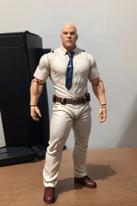 (ActionFigureQuiron style), solo, Dirk Blocker, bald, action figure, concept art, ActionFigureQuiron style, action figure, plastic toy, premium toy, <lora:quiron_ActionFigure_v2_lora:1.1>, <lora:add_detail:0.8>, (macro shot:1.2), indoors, office, (bokeh:1.2)