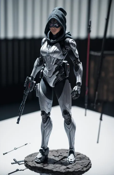 (8k, ultra quality, masterpiece:1.5)(ActionFigureQuiron style), solo, female focus, digital camo, action figure, hood, silver assassin robes, concept art, ActionFigureQuiron style, action figure, plastic toy, premium toy, <lora:quiron_ActionFigure_v2_lora:1.1>, <lora:add_detail:0.8>, (macro shot:1.2), indoors, office, (bokeh:1.2), full body view, <lora:robot_lHl:0.7>, armor, wood walking cane, one eye, cyber leg
