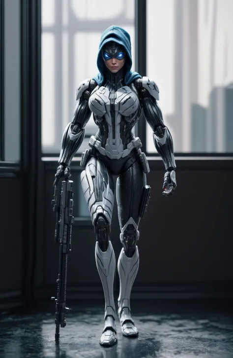 (8k, ultra quality, masterpiece:1.5)(ActionFigureQuiron style), solo, female focus, digital camo, action figure, hood, silver assassin robes, concept art, ActionFigureQuiron style, action figure, plastic toy, premium toy, <lora:quiron_ActionFigure_v2_lora:1.1>, <lora:add_detail:0.8>, (macro shot:1.2), indoors, office, (bokeh:1.2), full body view, <lora:robot_lHl:0.7>, armor, wood walking cane, one eye, cyber leg