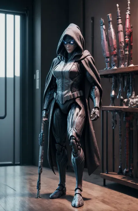 (8k, ultra quality, masterpiece:1.5)(ActionFigureQuiron style), solo, female focus,  camo, oversized brown cloak, hood, action figure, hood, silver assassin robes, concept art, ActionFigureQuiron style, action figure, plastic toy, premium toy, <lora:quiron_ActionFigure_v2_lora:1.1>, <lora:add_detail:0.8>, (macro shot:1.2), indoors, office, (bokeh:1.2),  full body view,   <lora:robot_lHl:0.7>,  armor, wood walking cane, one eye, cyber leg