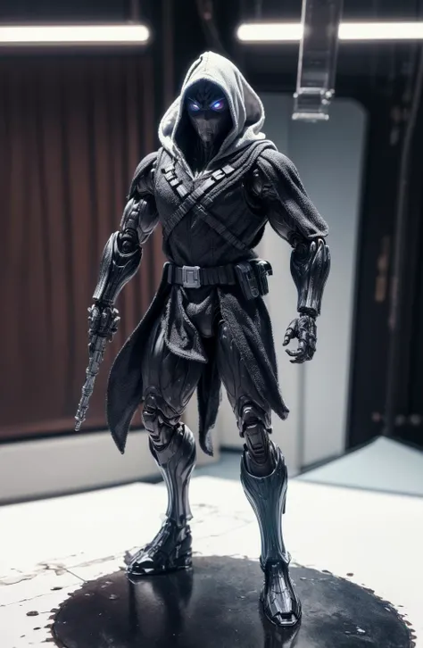 (8k, ultra quality, masterpiece:1.5)(ActionFigureQuiron style), solo, scorpion tail, oversized brown cloak, hood, action figure, hood, silver assassin robes, concept art, ActionFigureQuiron style, action figure, plastic toy, premium toy, <lora:quiron_ActionFigure_v2_lora:1.1>, <lora:add_detail:0.8>, (macro shot:1.2), indoors, office, (bokeh:1.2),  full body view,   <lora:robot_lHl:0.7>,  armor, wood walking cane, one eye, cyber leg