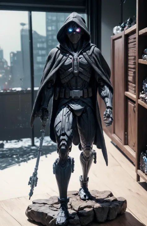 (8k, ultra quality, masterpiece:1.5)(ActionFigureQuiron style), solo, female focus, camo, oversized brown cloak, hood, action figure, hood, silver assassin robes, concept art, ActionFigureQuiron style, action figure, plastic toy, premium toy, <lora:quiron_ActionFigure_v2_lora:1.1>, <lora:add_detail:0.8>, (macro shot:1.2), indoors, office, (bokeh:1.2), full body view, <lora:robot_lHl:0.7>, armor, wood walking cane, one eye, cyber leg