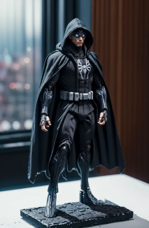 (8k, ultra quality, masterpiece:1.5)(ActionFigureQuiron style), solo, oversized cloak, oversized cape, hood, action figure, hood, concept art, ActionFigureQuiron style, action figure, plastic toy, premium toy, <lora:quiron_ActionFigure_v2_lora:1.1>, <lora:add_detail:0.8>, (macro shot:1.2), indoors, office, (bokeh:1.2), full body view, <lora:robot_lHl:0.7>, eight spider legs