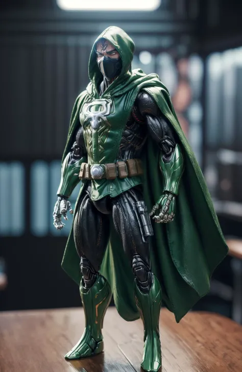 (8k, ultra quality, masterpiece:1.5)(ActionFigureQuiron style), solo, green oversized cloak, oversized cape, brown hood, leather, action figure, hood, concept art, ActionFigureQuiron style, action figure, plastic toy, premium toy, <lora:quiron_ActionFigure_v2_lora:1.1>, <lora:add_detail:0.8>, (macro shot:1.2), indoors, office, (bokeh:1.2), full body view, <lora:robot_lHl:0.7>, facemask