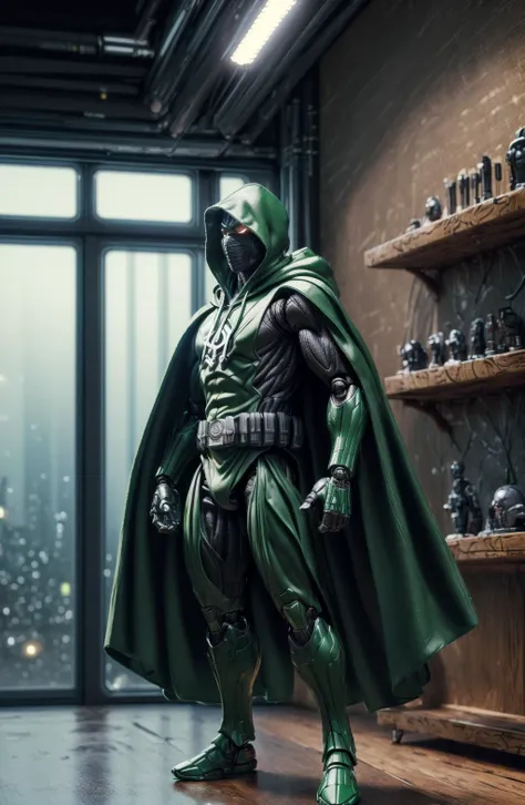 (8k, ultra quality, masterpiece:1.5)(ActionFigureQuiron style), solo, green oversized cloak, oversized cape, brown hood, leather, action figure, hood, concept art, ActionFigureQuiron style, action figure, plastic toy, premium toy, <lora:quiron_ActionFigure_v2_lora:1.1>, <lora:add_detail:0.8>, (macro shot:1.2), indoors, office, (bokeh:1.2), full body view, <lora:robot_lHl:0.7>, facemask