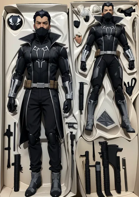 (Dutch angle:1.3), (ActionFigureQuiron style), solo, Black Panther (Marvel Comics): Black Panther's sleek black suit is made of a vibranium-infused material and features intricate silver detailing. The suit includes a full-body jumpsuit, clawed gloves, and a mask with cat-like ears. , action figure box, no humans, (reference sheet:1.1),
<lora:quiron_ActionFigure_v1_Lora:1.18>