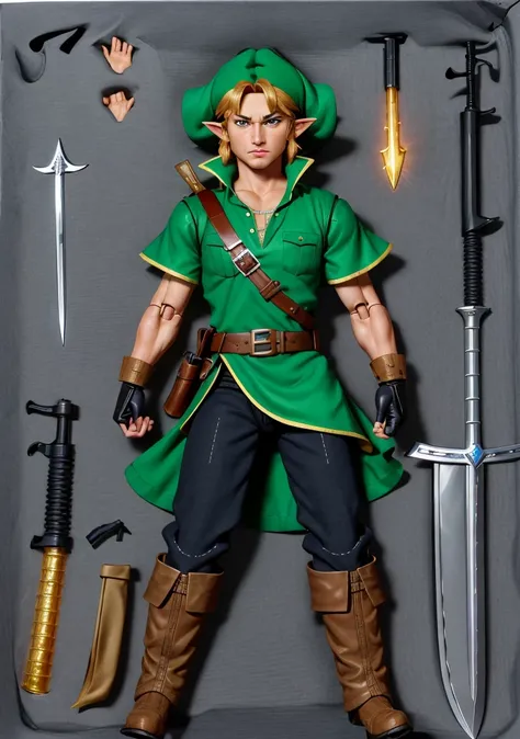 (Dutch angle:1.3), (ActionFigureQuiron style), solo, Link (The Legend of Zelda): The green tunic, pointed hat, and Master Sword make Link a favorite character to bring to life for fans of the Zelda series. , action figure box, weapon, no humans, (reference sheet:1.1),
<lora:quiron_ActionFigure_v1_Lora:1.18>