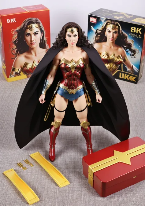 (best quality:1.15), (masterpiece:1.15), (detailed:1.15), (realistic:1.2),
 premium playset toy box, (8k, ultra quality, masterpiece:1.5), (Dutch angle:1.3), ActionFigureQuiron style, solo, Catwoman (DC Comics): Catwoman's iconic catsuit is typically made of black, form-fitting material that accentuates her agility and sleekness. The suit hugs her body, emphasizing her curves and flexibility. It features a high neckline, long sleeves, and full-length legs. The suit often incorporates textured elements, such as stitching or patterns, to add visual interest. Catwoman wears a black mask that covers the upper part of her face, leaving her eyes exposed. Her mask is sometimes designed with cat-like features, such as pointed ears or stylized whisker markings. To complete her look, Catwoman carries a whip as her signature weapon. , (toy playset pack), inside gift box,
  <lora:quiron_ActionFigure_v1_Lora:0.45>