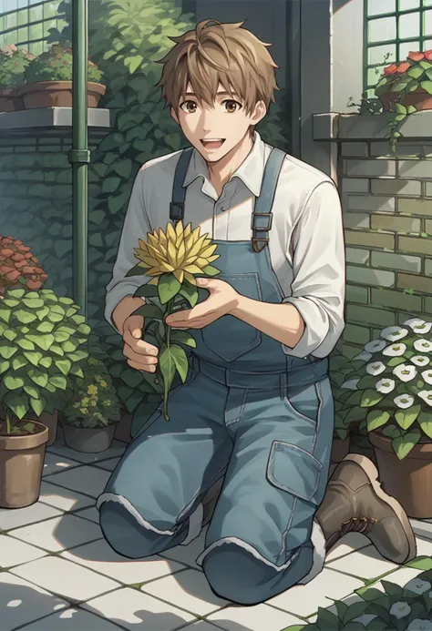 score_9, score_8_up, score_7_up, source_anime, 1boy, solo, kneeling, smile, open mouth, holding plant, <lora:WelkinVC-pdxl:1> welkinVC, short hair, white shirt, sleeves rolled up, overalls, boots, outdoors, garden, plants, tree