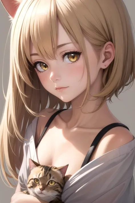 (8k), realistic, sharp focus, highres, 1girl, upper body, cat ears, blonde hair, (light-brown skin), yellow eyes, short hair, small breast, (closed mouth), (high quality:1.2), (high detail:1.2), (masterpiece:1.2), (extremely detailed:1.2)