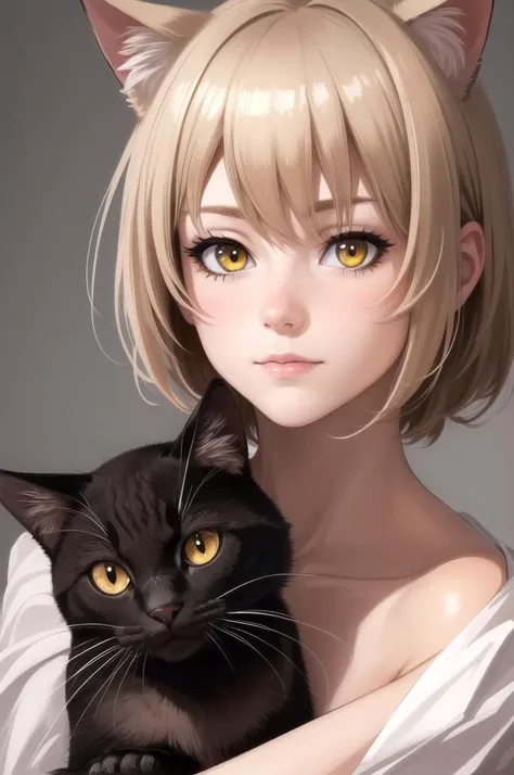 (8k), realistic, sharp focus, highres, 1girl, upper body, cat ears, blonde hair, (light-brown skin), yellow eyes, short hair, small breast, (closed mouth), (high quality:1.2), (high detail:1.2), (masterpiece:1.2), (extremely detailed:1.2)