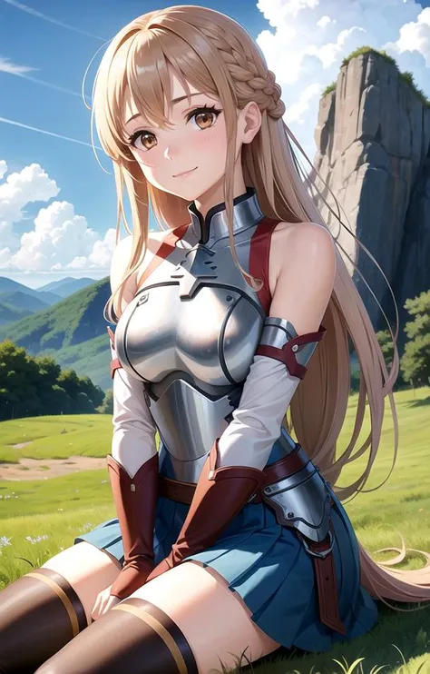 1girl, armor, asuna_\(sao\), bangs, bare_shoulders, blue_sky, blush, boots, braid, breastplate, breasts, brown_eyes, closed_mouth, cloud, cloudy_sky, day, detached_sleeves, grass, hair_between_eyes, long_hair, looking_at_viewer, mountain, outdoors, rock, sitting, skirt, sky, smile, solo, thighhighs, very_long_hair