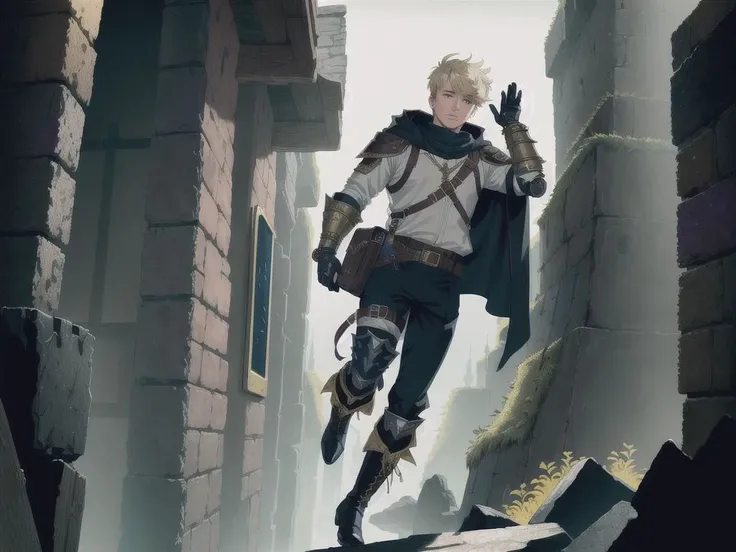 1man, detailed background, best quality, masterpiece, (solo:1.2), belt, blonde hair, pants, bangs, jacket, black pants, automail, prosthesis, mechanical arms, single mechanical arm, full_body, paraphernalia of gadgets,boots of traveling, a leather ornate pair of boots enhance ,The belt of balance, that is full of pockets and pouches bigger than they seem,Thaumostatic Harness a device attach to a chest piece , Caster Gauntlet,the Pauldron of stability,each specific armor as a unique cloak, baggy cargo pants,Thaumcraft,armored cloak,Gauntlet.fantasy vivid colors