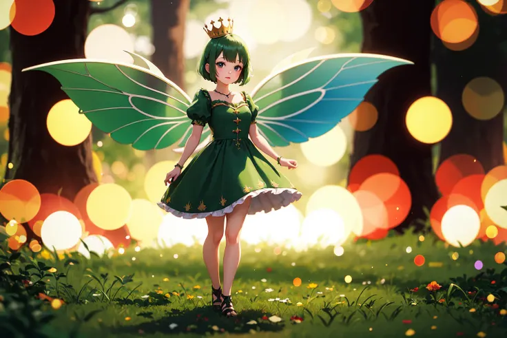 absurdres, highres, best quality, 1girl, fairy wings, forest, green dress, flying, (tilt shift:1.3), (bokeh:1.3), full body, crown, standing on leaf,