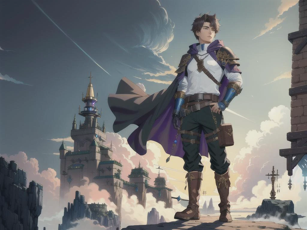 1man, detailed background, best quality, masterpiece, (solo:1.2), automail, prosthesis, mechanical arms, (single mechanical arm:1.3), full_body, paraphernalia of gadgets,boots of traveling, a leather ornate pair of boots enhance ,The belt of balance, that is full of pockets and pouches bigger than they seem,Thaumostatic Harness a device attach to a chest piece , Caster Gauntlet,the Pauldron of stability,each specific armor as a unique cloak, baggy cargo pants,Thaumcraft,armored cloak,Gauntlet.fantasy vivid colors