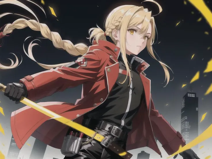 detailed background, best quality, masterpiece, 1girl, (solo:1.2), edward elric, white gloves, long hair, parted bangs, upper body, black shirt, yellow eyes, belt, blonde hair, pants, 1boy, bangs, jacket, black pants, automail, gloves, male focus, closed mouth, prosthesis, coat, mechanical arms, ahoge, hood, red coat, long sleeves, shirt, single braid, ponytail, single mechanical arm, braid, braided ponytail, Nightclub