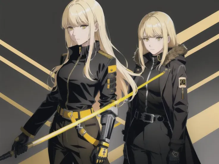 detailed background, best quality, masterpiece, (solo:1.2), parted bangs, upper body, black shirt, yellow eyes, belt, blonde hair, pants, bangs, jacket, black pants, automail, gloves, closed mouth, prosthesis, coat, mechanical arms, single mechanical arm,