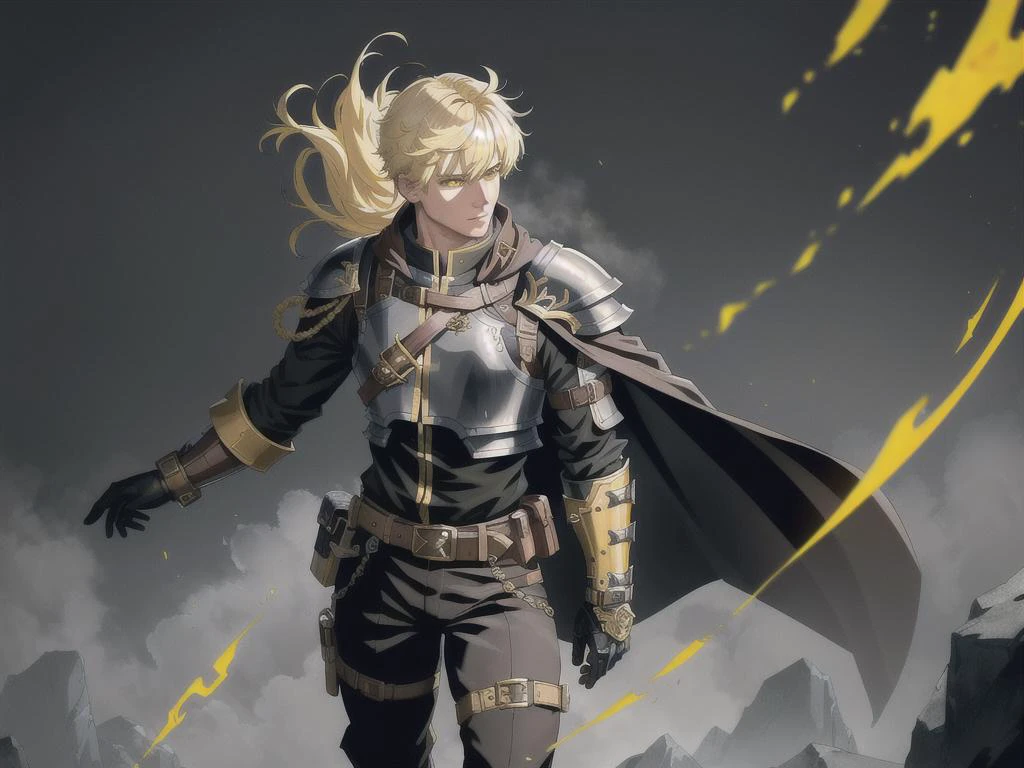 1man, detailed background, best quality, masterpiece, (solo:1.2), parted bangs, upper body, black shirt, yellow eyes, belt, blonde hair, pants, bangs, jacket, black pants, automail, prosthesis, mechanical arms, single mechanical arm, full_body, paraphernalia of gadgets,boots of traveling, a leather ornate pair of boots enhance ,The belt of balance, that is full of pockets and pouches bigger than they seem,Thaumostatic Harness a device attach to a chest piece , Caster Gauntlet,the Pauldron of stability,each specific armor as a unique cloak, baggy cargo pants,Thaumcraft,armored cloak,Gauntlet.fantasy vivid colors