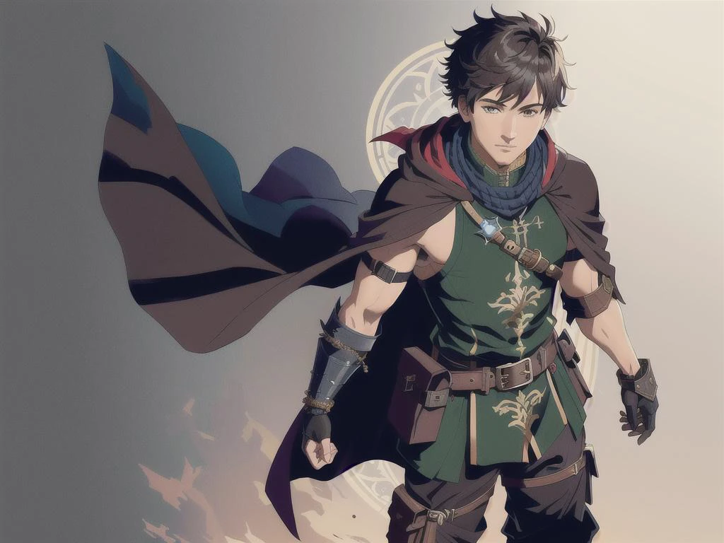 1man, detailed background, best quality, masterpiece, (solo:1.2), automail, prosthesis, mechanical arms, (single mechanical arm:1.3), full_body, paraphernalia of gadgets,boots of traveling, a leather ornate pair of boots enhance ,The belt of balance, that is full of pockets and pouches bigger than they seem,Thaumostatic Harness a device attach to a chest piece , Caster Gauntlet,the Pauldron of stability,each specific armor as a unique cloak, baggy cargo pants,Thaumcraft,armored cloak,Gauntlet.fantasy vivid colors