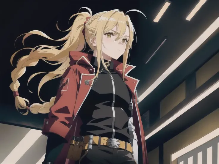 detailed background, best quality, masterpiece, 1girl, (solo:1.2), edward elric, white gloves, long hair, parted bangs, upper body, black shirt, yellow eyes, belt, blonde hair, pants, 1boy, bangs, jacket, black pants, automail, gloves, male focus, closed mouth, prosthesis, coat, mechanical arms, ahoge, hood, red coat, long sleeves, shirt, single braid, ponytail, single mechanical arm, braid, braided ponytail, Nightclub