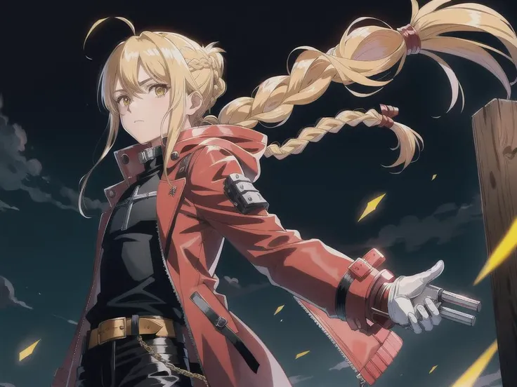 detailed background, best quality, masterpiece, 1girl, (solo:1.2), edward elric, white gloves, long hair, parted bangs, upper body, black shirt, yellow eyes, belt, blonde hair, pants, 1boy, bangs, jacket, black pants, automail, gloves, male focus, closed mouth, prosthesis, coat, mechanical arms, ahoge, hood, red coat, long sleeves, shirt, single braid, ponytail, single mechanical arm, braid, braided ponytail, Nightclub