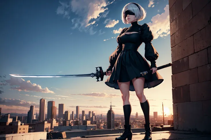 absurdres, highres, best quality, 1girl, yorha no. 2 type b, blindfold, rooftop, cityscape, holding sword, full body, black skirt,