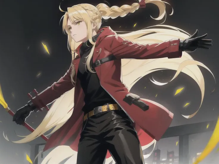 detailed background, best quality, masterpiece, 1girl, (solo:1.2), edward elric, white gloves, long hair, parted bangs, upper body, black shirt, yellow eyes, belt, blonde hair, pants, 1boy, bangs, jacket, black pants, automail, gloves, male focus, closed mouth, prosthesis, coat, mechanical arms, ahoge, hood, red coat, long sleeves, shirt, single braid, ponytail, single mechanical arm, braid, braided ponytail, Nightclub