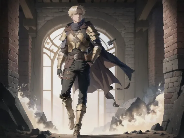1man, detailed background, best quality, masterpiece, (solo:1.2), belt, blonde hair, pants, bangs, jacket, black pants, automail, prosthesis, mechanical arms, single mechanical arm, full_body, paraphernalia of gadgets,boots of traveling, a leather ornate pair of boots enhance ,The belt of balance, that is full of pockets and pouches bigger than they seem,Thaumostatic Harness a device attach to a chest piece , Caster Gauntlet,the Pauldron of stability,each specific armor as a unique cloak, baggy cargo pants,Thaumcraft,armored cloak,Gauntlet.fantasy vivid colors