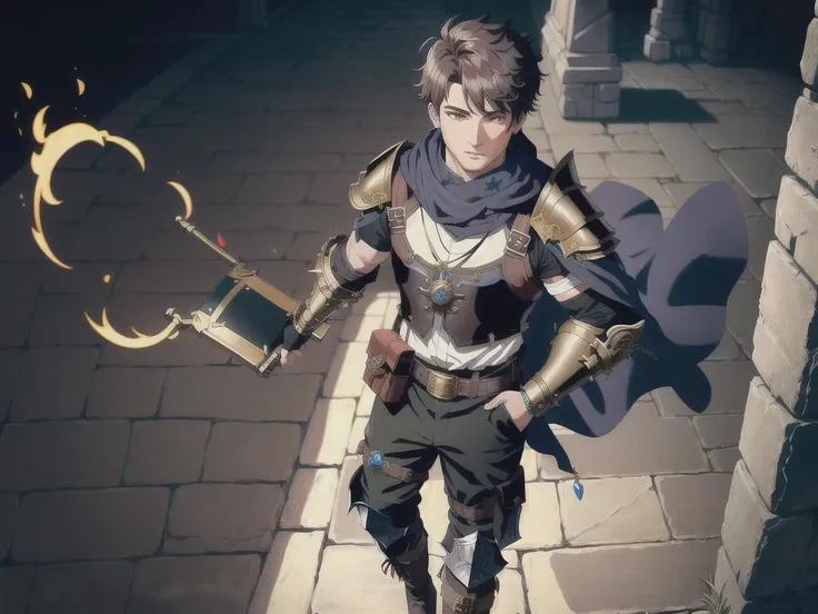 1man, detailed background, best quality, masterpiece, (solo:1.2), automail, prosthesis, mechanical arms, (single mechanical arm:1.3), full_body, paraphernalia of gadgets,boots of traveling, a leather ornate pair of boots enhance ,The belt of balance, that is full of pockets and pouches bigger than they seem,Thaumostatic Harness a device attach to a chest piece , Caster Gauntlet,the Pauldron of stability,each specific armor as a unique cloak, baggy cargo pants,Thaumcraft,armored cloak,Gauntlet.fantasy vivid colors
