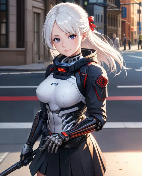 (masterpiece), (high quality, best quality), (realism), (realistic), real lighting, ((cyborg, techwear, biomechanical)), outdoors, standing, looking at viewer, light smile, red tie, pleated skirt, white hair ribbon, perfect anatomy, the best quality, ultra high res, (photorealistic:1.4), puffy eyes, 1 girl, teenager, medium breasts, street, reflected materials, chromatic aberration, (highly detailed background)