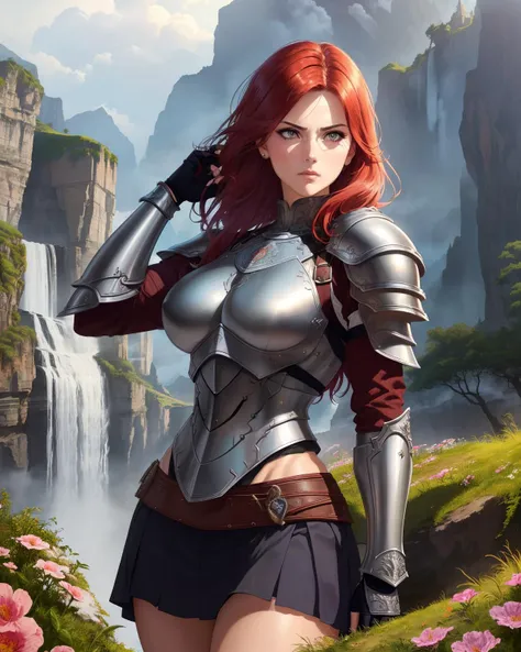 (1girl),(mature woman),serious face, (wide_shot:1.5), depth of field, (upper body:1.3), red hair,messy hair, floting hair, sexy,(long legs,wide hips, thigh),(toned physique,toned muscles:1.3), (armor,armor dress, metallic tiny skirt,faulds,poleyns, greaves,hand armor,gloves,vambrace,armor), ancient architecture,battlefield,ancient ruins,rock,flowers, waterfall,cloud,grass, fog,vine,peak, tree,cliff ,deep canyons,bridge,river,dust, smoke, steam,outdoors, natural volumetric lighting , cinematic lighting, best shadow,bright details,sharp,perfect composistion, ((best quality)), ((masterpiece)), ((realistic)),((detailed)), (detailed face,beautiful eye, detailed pupilss,detailed clothes features, clear background:1.3), 8K,Intricate, Sharp focus, dramatic, sensual battle pose,face focus, by Luis Royo and Frank Frazetta, by Jim Lee,