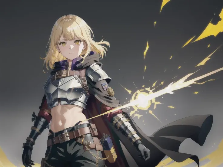 detailed background, best quality, masterpiece, (solo:1.2), parted bangs, upper body, black shirt, yellow eyes, belt, blonde hair, pants, bangs, jacket, black pants, automail, prosthesis, mechanical arms, single mechanical arm, full_body, paraphernalia of gadgets,boots of traveling, a leather ornate pair of boots enhance ,The belt of balance, that is full of pockets and pouches bigger than they seem,Thaumostatic Harness a device attach to a chest piece , Caster Gauntlet,the Pauldron of stability,each specific armor as a unique cloak, baggy cargo pants,Thaumcraft,armored cloak,Gauntlet.fantasy vivid colors